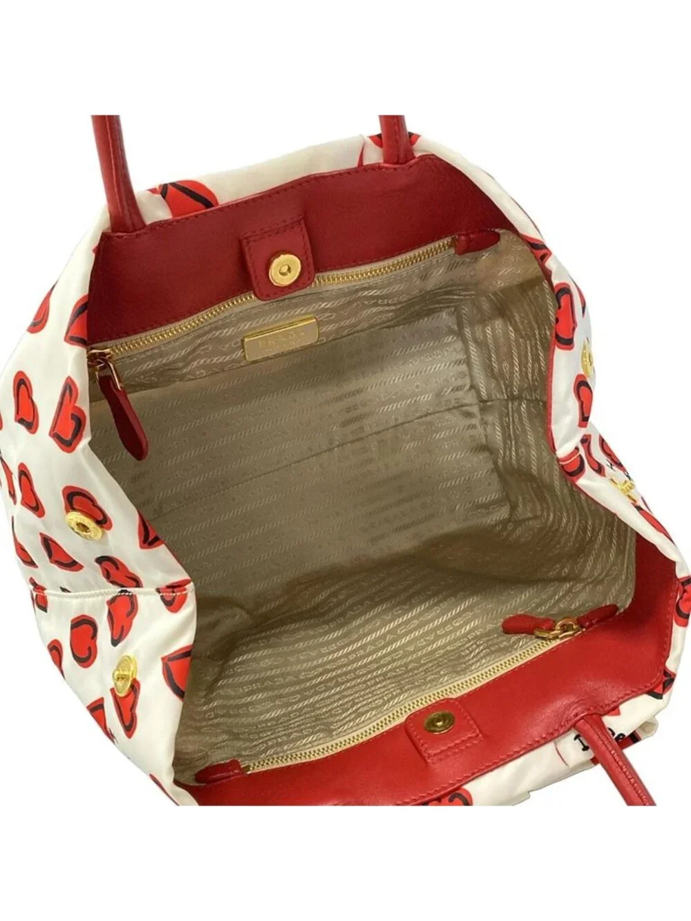 Prada Tote Ivory Red Black Heart Pattern Ribbon Leather - Picture 7 of 15